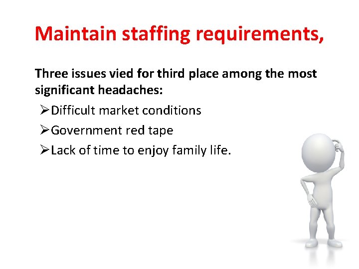 Maintain staffing requirements, Three issues vied for third place among the most significant headaches: