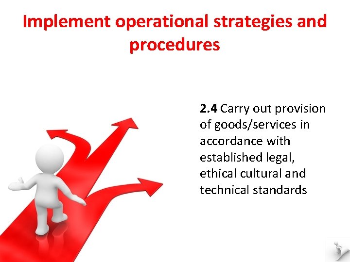 Implement operational strategies and procedures 2. 4 Carry out provision of goods/services in accordance