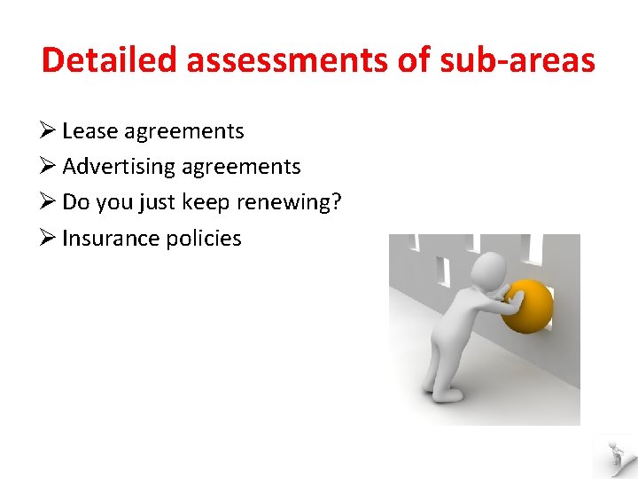Detailed assessments of sub-areas Ø Lease agreements Ø Advertising agreements Ø Do you just