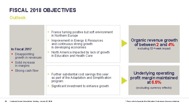 FISCAL 2018 OBJECTIVES Outlook § France turning positive but soft environment in Northern Europe