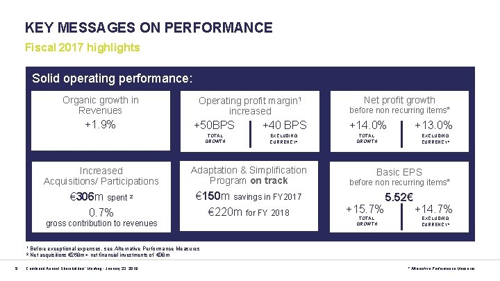 KEY MESSAGES ON PERFORMANCE Fiscal 2017 highlights Solid operating performance: Organic growth in Revenues