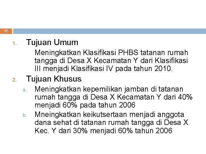 17 1. Tujuan Umum Meningkatkan Klasifikasi PHBS tatanan rumah tangga di Desa X Kecamatan 17 1. Tujuan Umum Meningkatkan Klasifikasi PHBS tatanan rumah tangga di Desa X Kecamatan