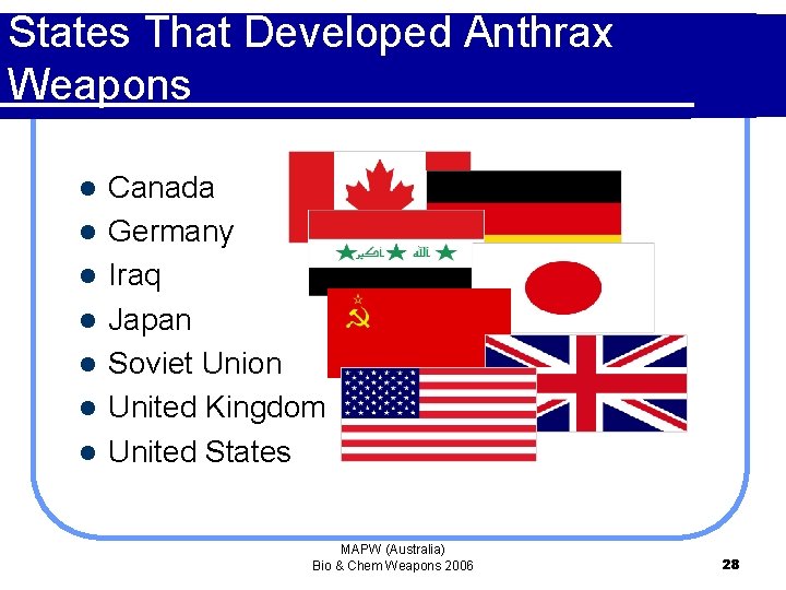 States That Developed Anthrax Weapons l l l l Canada Germany Iraq Japan Soviet