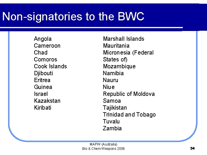 Non-signatories to the BWC Angola Cameroon Chad Comoros Cook Islands Djibouti Eritrea Guinea Israel