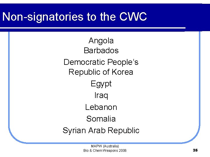 Non-signatories to the CWC Angola Barbados Democratic People’s Republic of Korea Egypt Iraq Lebanon