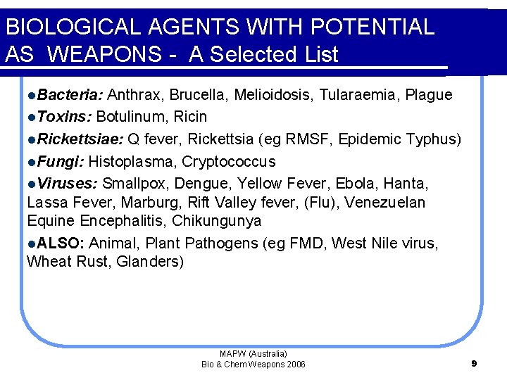 BIOLOGICAL AGENTS WITH POTENTIAL AS WEAPONS - A Selected List l. Bacteria: Anthrax, Brucella,