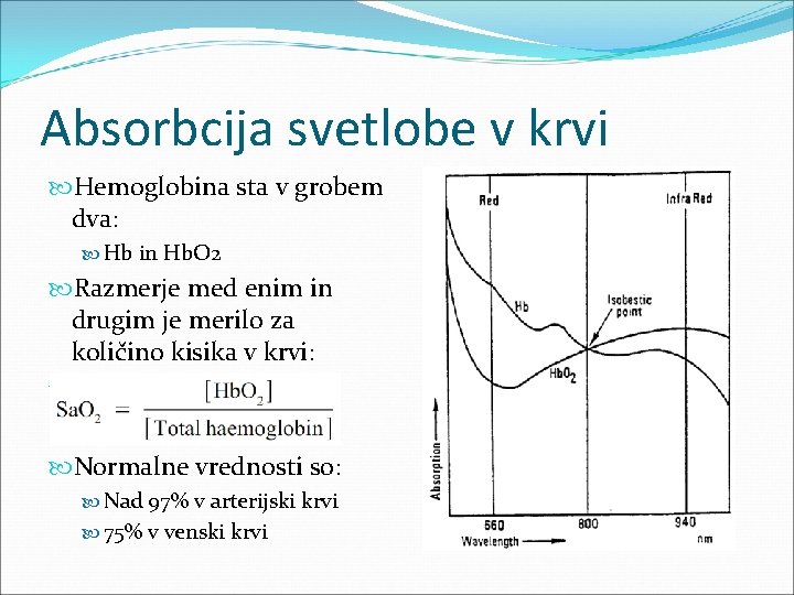 Absorbcija svetlobe v krvi Hemoglobina sta v grobem dva: Hb in Hb. O 2