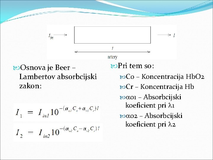  Osnova je Beer – Lambertov absorbcijski zakon: Pri tem so: C 0 –