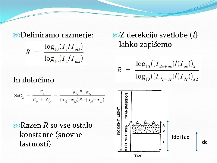  Definiramo razmerje: Z detekcijo svetlobe (I) lahko zapišemo In določimo Razen R so