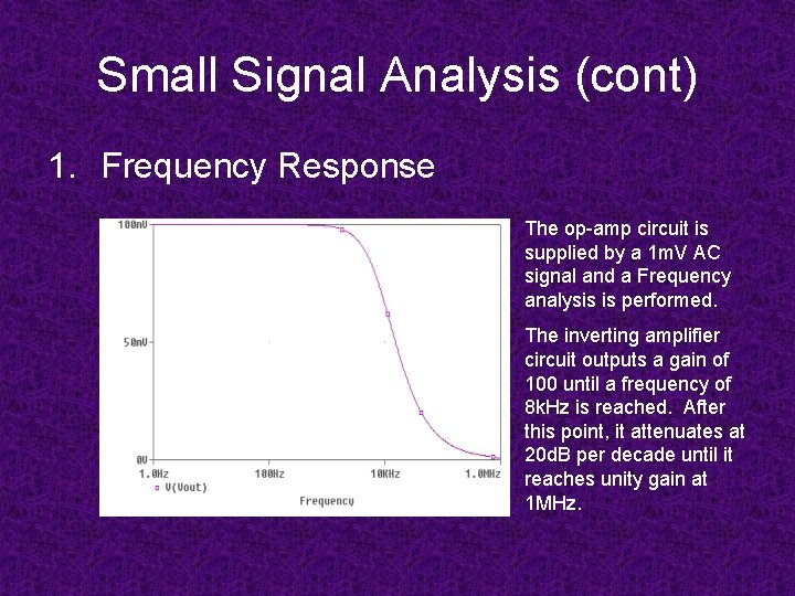Small Signal Analysis (cont) 1. Frequency Response The op-amp circuit is supplied by a Small Signal Analysis (cont) 1. Frequency Response The op-amp circuit is supplied by a