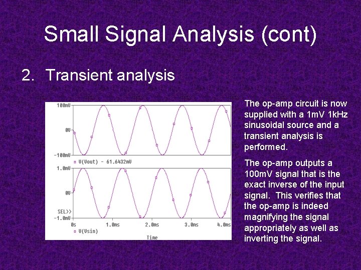 Small Signal Analysis (cont) 2. Transient analysis The op-amp circuit is now supplied with Small Signal Analysis (cont) 2. Transient analysis The op-amp circuit is now supplied with