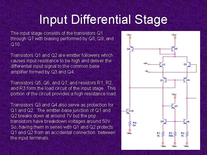 Input Differential Stage The input stage consists of the transistors Q 1 through Q Input Differential Stage The input stage consists of the transistors Q 1 through Q