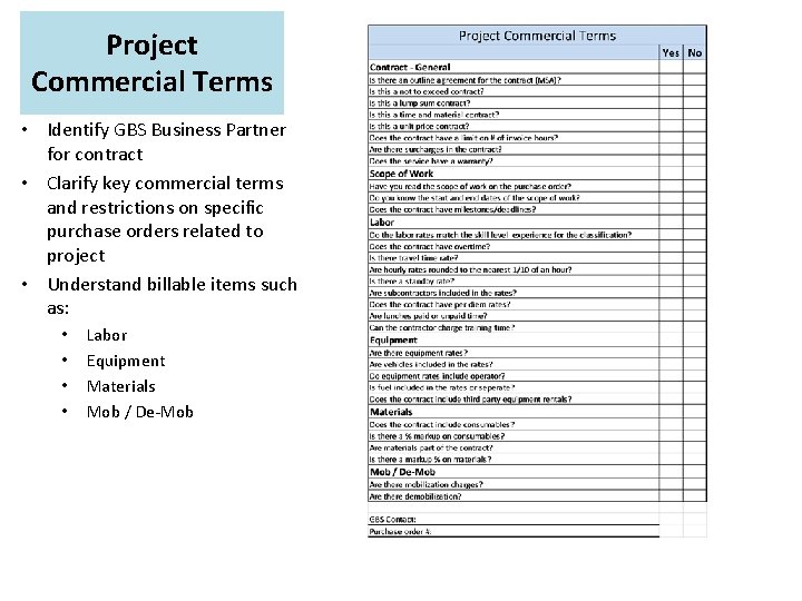 Project Commercial Terms • Identify GBS Business Partner for contract • Clarify key commercial