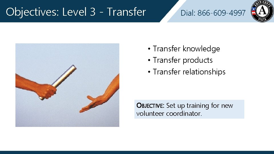 Objectives: Level 3 - Transfer Dial: 866 -609 -4997 • Transfer knowledge • Transfer