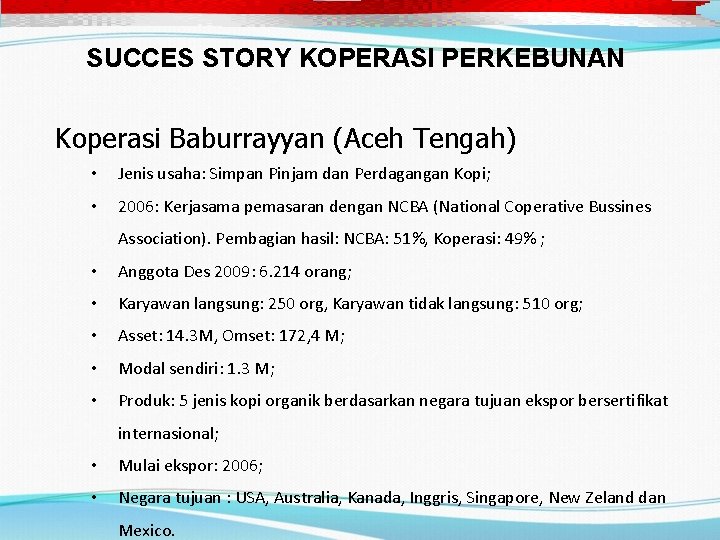 SUCCES STORY KOPERASI PERKEBUNAN Koperasi Baburrayyan (Aceh Tengah) • Jenis usaha: Simpan Pinjam dan