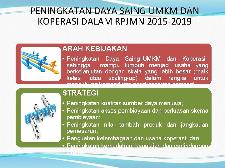 PENINGKATAN DAYA SAING UMKM DAN KOPERASI DALAM RPJMN 2015 -2019 ARAH KEBIJAKAN • Peningkatan