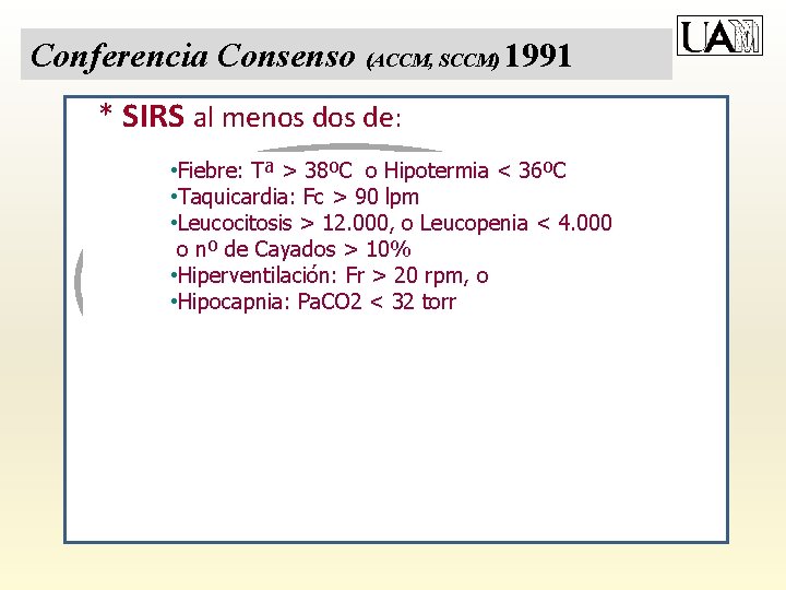 Conferencia Consenso (ACCM, SCCM) 1991 * SIRS al menos de: * • Fiebre: Tª