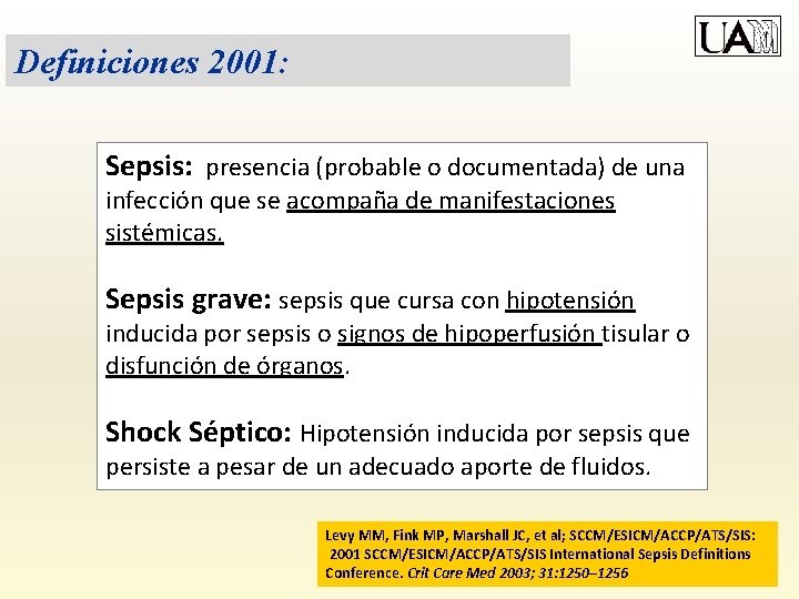 Definiciones 2001: Sepsis: presencia (probable o documentada) de una infección que se acompaña de