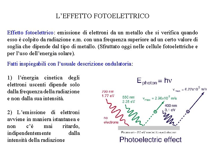 L’EFFETTO FOTOELETTRICO Effetto fotoelettrico: emissione di elettroni da un metallo che si verifica quando