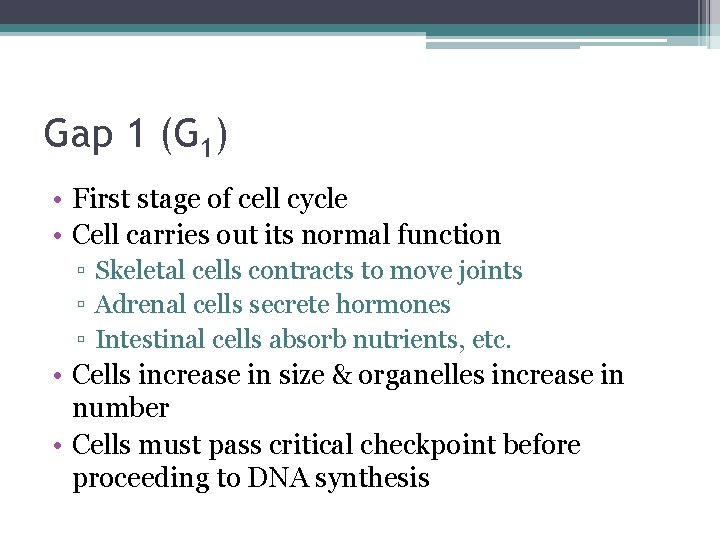 Gap 1 (G 1) • First stage of cell cycle • Cell carries out
