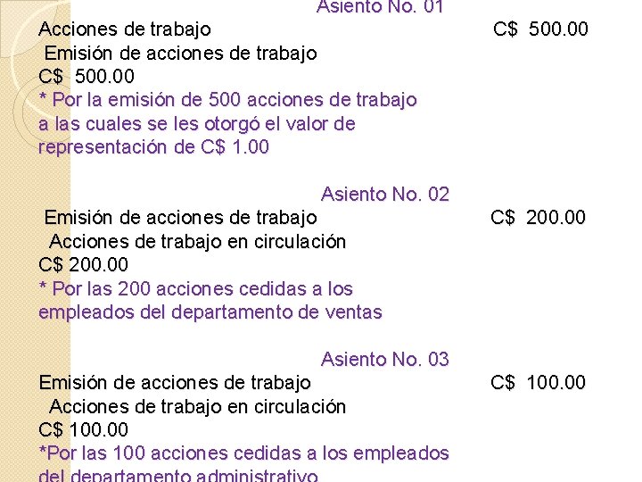 Asiento No. 01 Acciones de trabajo Emisión de acciones de trabajo C$ 500. 00