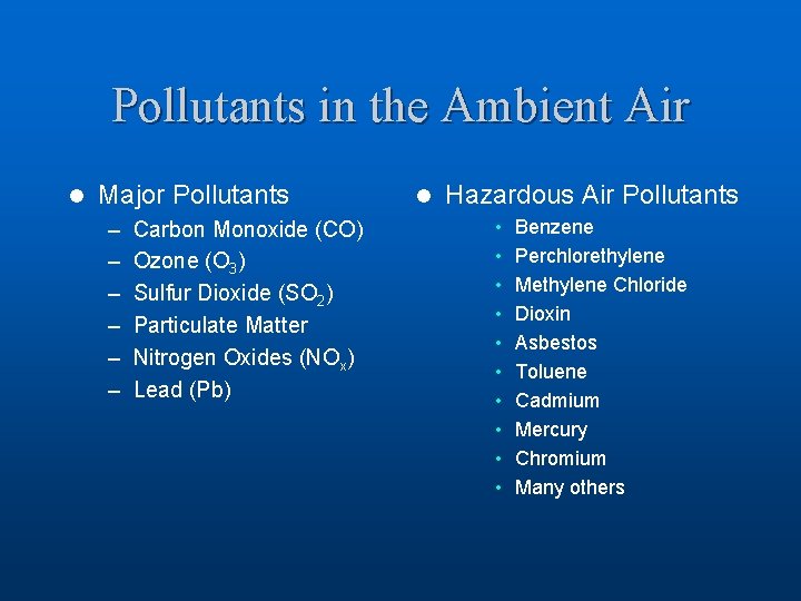 Pollutants in the Ambient Air l Major Pollutants – – – Carbon Monoxide (CO)