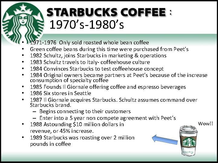 1970’s-1980’s • • • 1971 -1976 Only sold roasted whole bean coffee Green coffee