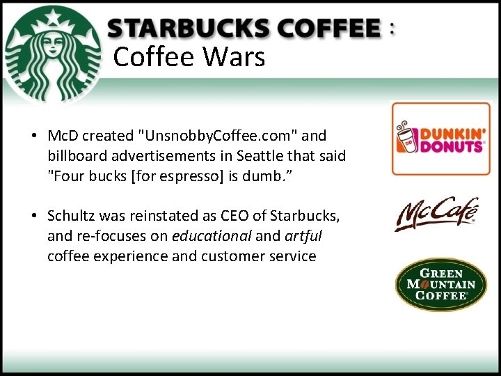 Coffee Wars • Mc. D created "Unsnobby. Coffee. com" and billboard advertisements in Seattle