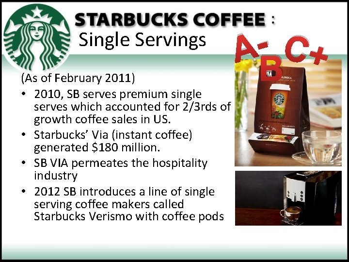 Single Servings (As of February 2011) • 2010, SB serves premium single serves which