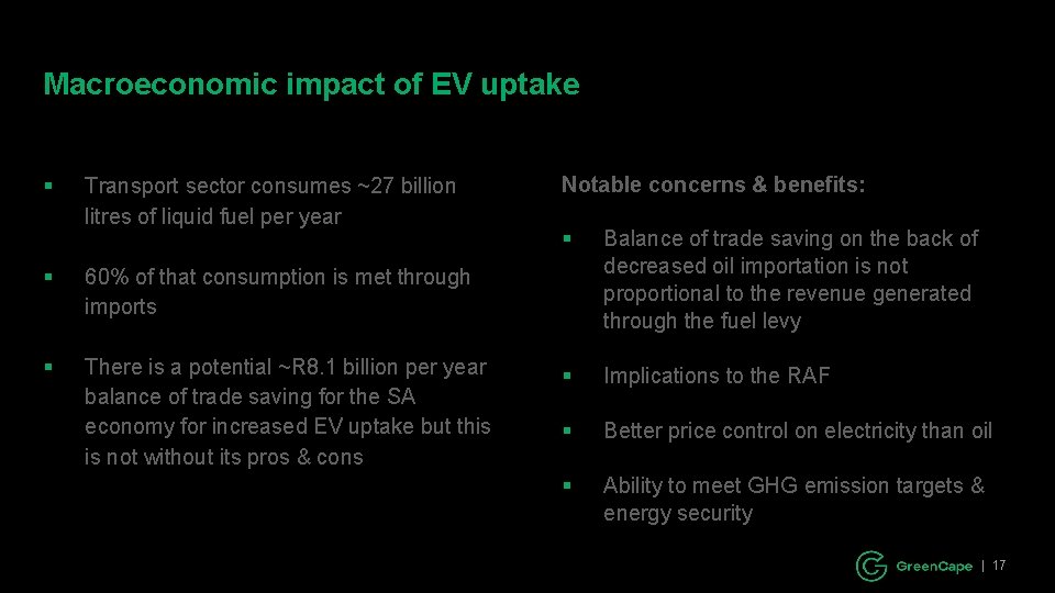 Macroeconomic impact of EV uptake § Transport sector consumes ~27 billion litres of liquid