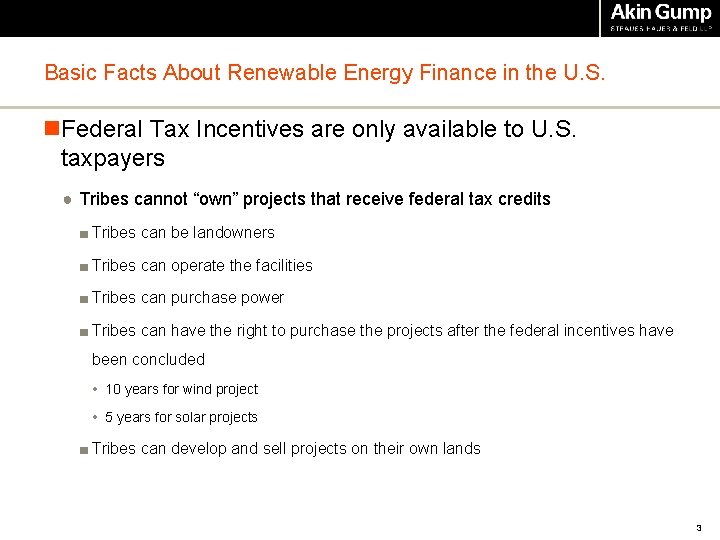 Basic Facts About Renewable Energy Finance in the U. S. n. Federal Tax Incentives