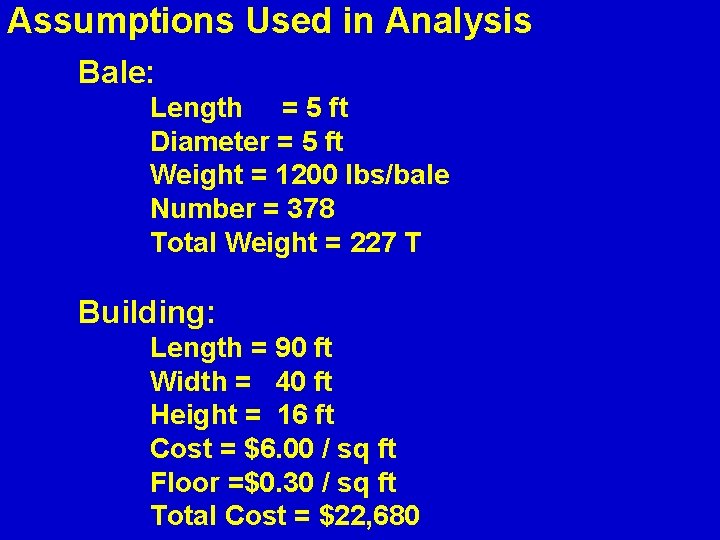 Assumptions Used in Analysis Bale: Length = 5 ft Diameter = 5 ft Weight