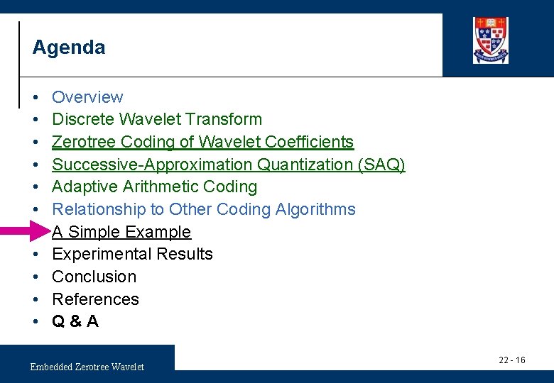 Agenda • • • Overview Discrete Wavelet Transform Zerotree Coding of Wavelet Coefficients Successive-Approximation