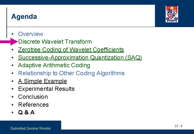 Agenda • • • Overview Discrete Wavelet Transform Zerotree Coding of Wavelet Coefficients Successive-Approximation