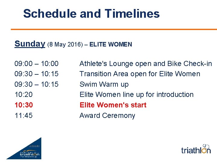 Schedule and Timelines Sunday (8 May 2016) – ELITE WOMEN 09: 00 – 10: