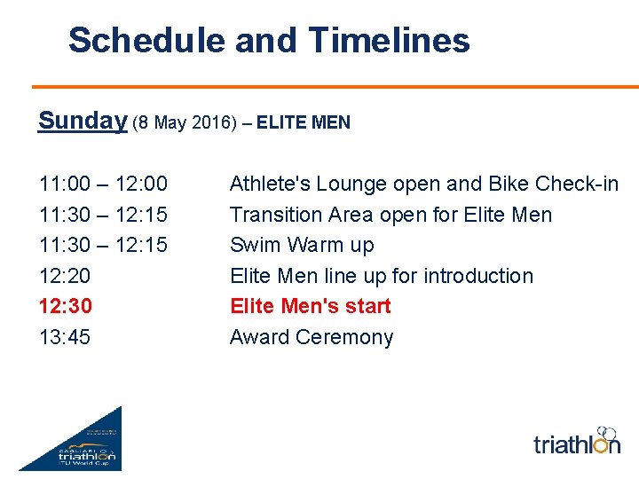 Schedule and Timelines Sunday (8 May 2016) – ELITE MEN 11: 00 – 12: