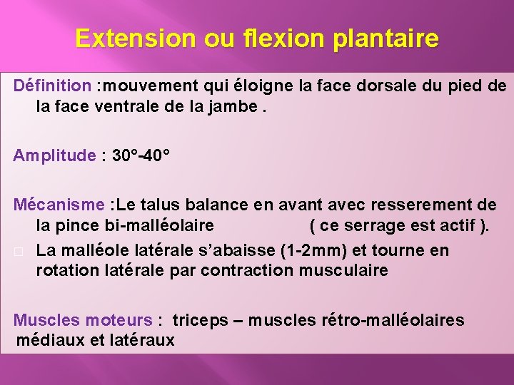 Extension ou flexion plantaire Définition : mouvement qui éloigne la face dorsale du pied