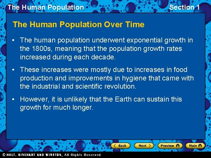 The Human Population Section 1 The Human Population Over Time • The human population