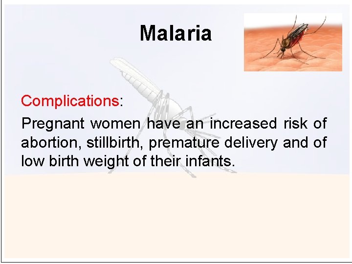 Malaria Complications: Pregnant women have an increased risk of abortion, stillbirth, premature delivery and