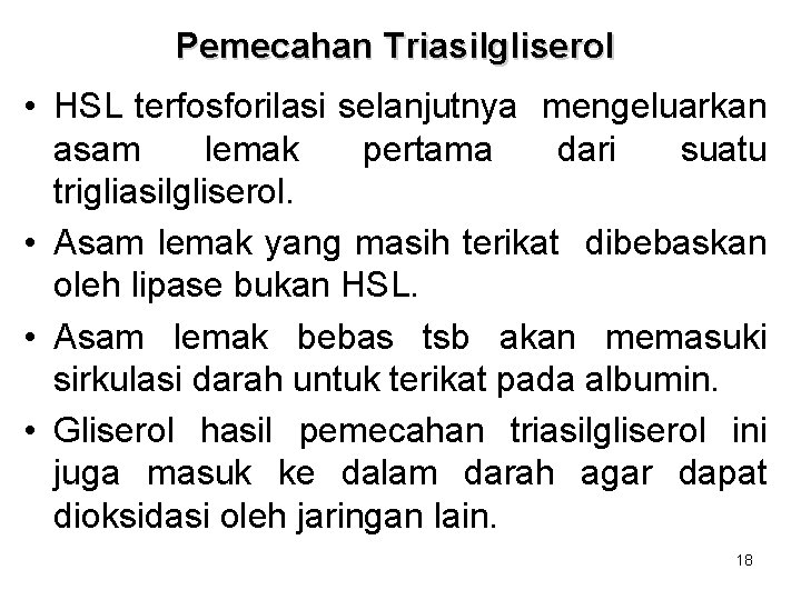 Pemecahan Triasilgliserol • HSL terfosforilasi selanjutnya mengeluarkan asam lemak pertama dari suatu trigliasilgliserol. • Pemecahan Triasilgliserol • HSL terfosforilasi selanjutnya mengeluarkan asam lemak pertama dari suatu trigliasilgliserol. •