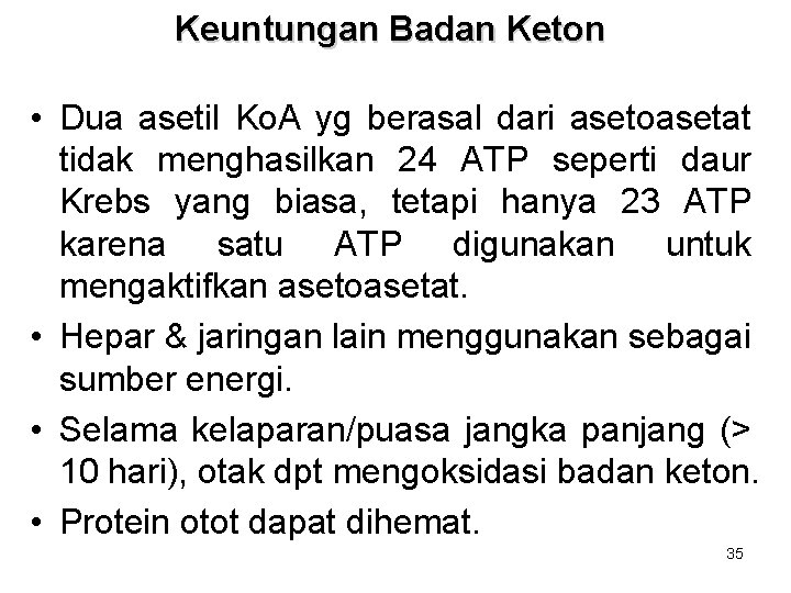 Keuntungan Badan Keton • Dua asetil Ko. A yg berasal dari asetoasetat tidak menghasilkan Keuntungan Badan Keton • Dua asetil Ko. A yg berasal dari asetoasetat tidak menghasilkan