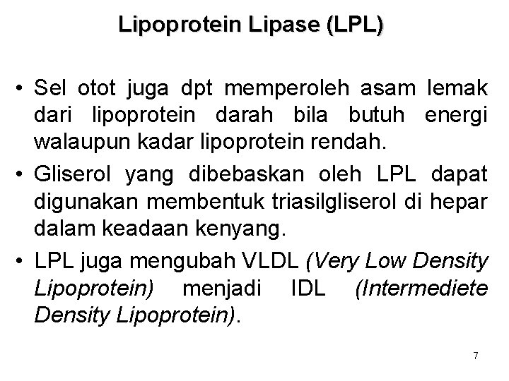 Lipoprotein Lipase (LPL) • Sel otot juga dpt memperoleh asam lemak dari lipoprotein darah Lipoprotein Lipase (LPL) • Sel otot juga dpt memperoleh asam lemak dari lipoprotein darah