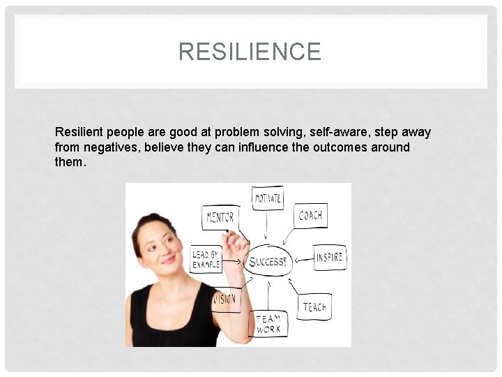 RESILIENCE Resilient people are good at problem solving, self-aware, step away from negatives, believe