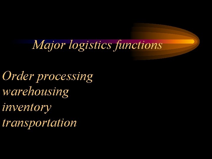 Major logistics functions Order processing warehousing inventory transportation 