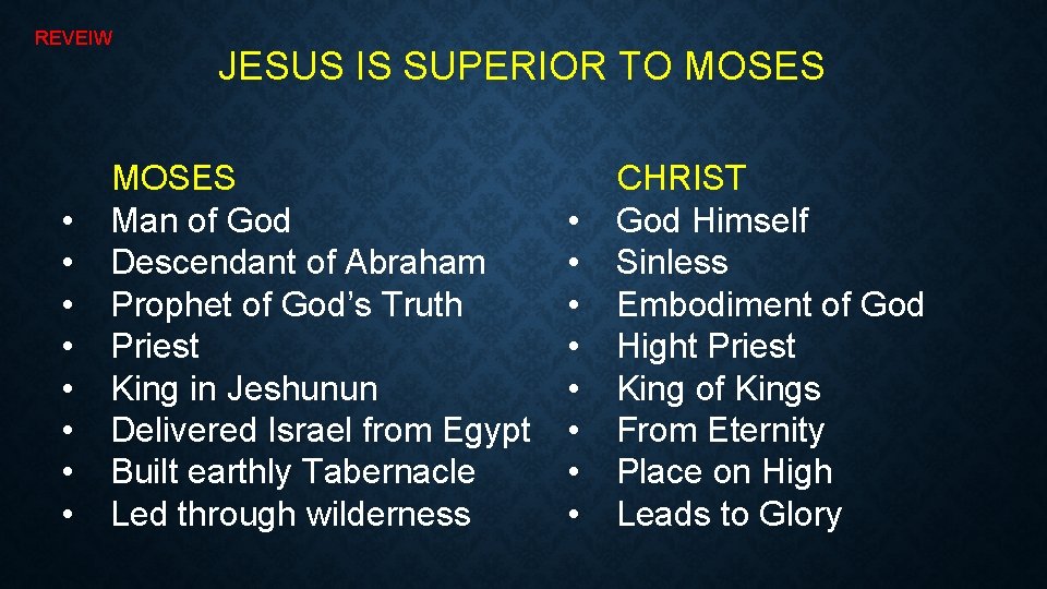 REVEIW • • JESUS IS SUPERIOR TO MOSES Man of God Descendant of Abraham
