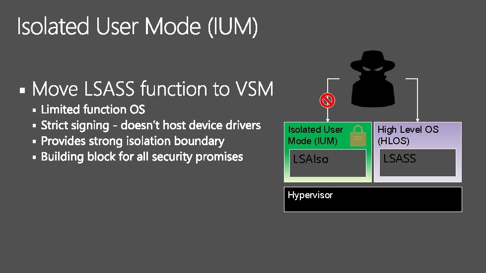 § § § Isolated User Mode (IUM) LSAIso Hypervisor High Level OS (HLOS) LSASS