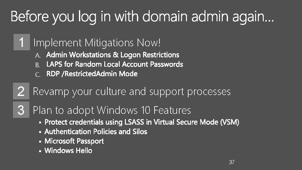 1 Implement Mitigations Now! A. B. C. 2 Revamp your culture and support processes