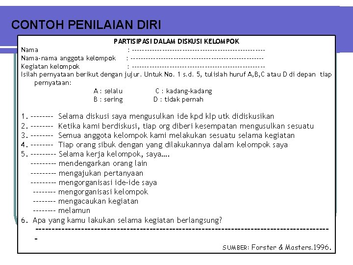 CONTOH PENILAIAN DIRI PARTISIPASI DALAM DISKUSI KELOMPOK Nama : --------------------------Nama-nama anggota kelompok : --------------------------Kegiatan