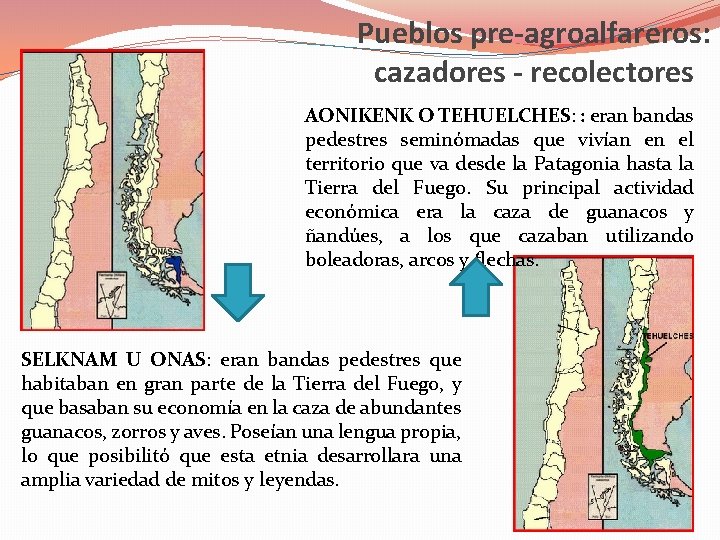 Pueblos pre-agroalfareros: cazadores - recolectores AONIKENK O TEHUELCHES: : eran bandas pedestres seminómadas que
