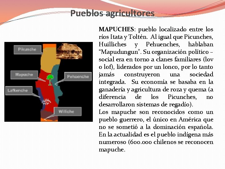 Pueblos agricultores MAPUCHES: pueblo localizado entre los ríos Itata y Toltén. Al igual que